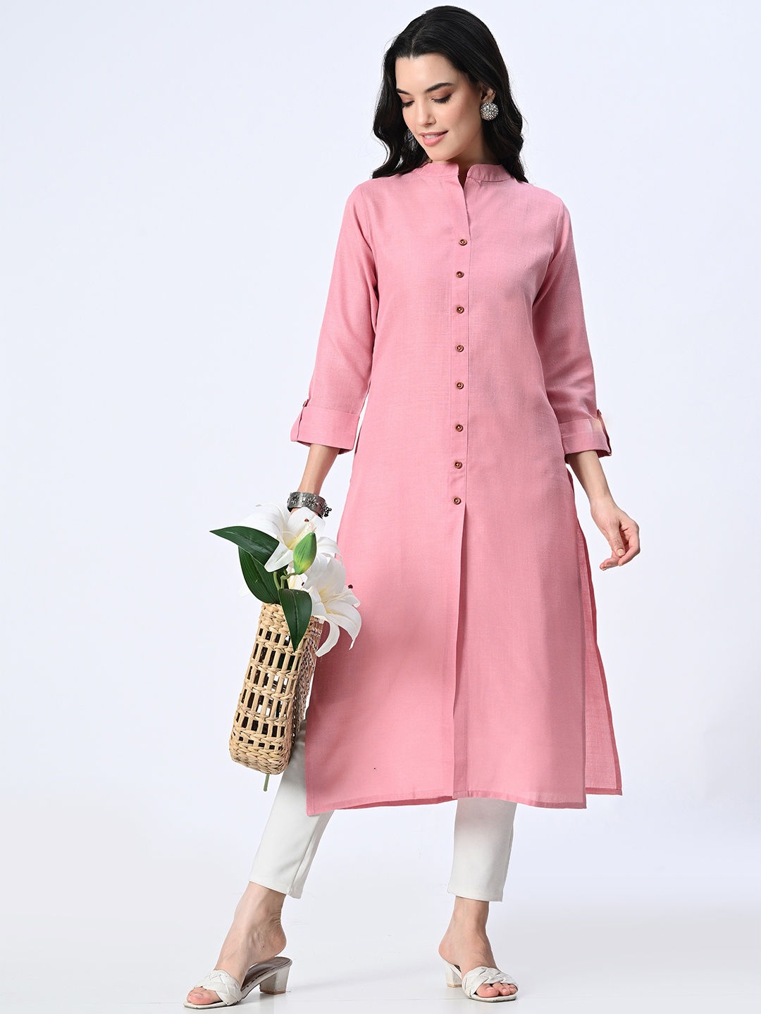 

FRENY FASHION Women Solid Mandarin Collar A-Line Kurta, Pink