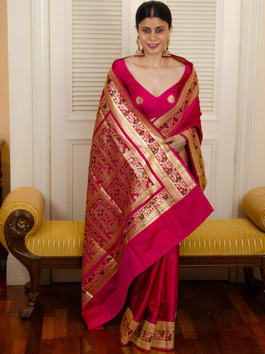 

BAESD Ethnic Motifs Woven Design Zari Pure Silk Saree, Pink