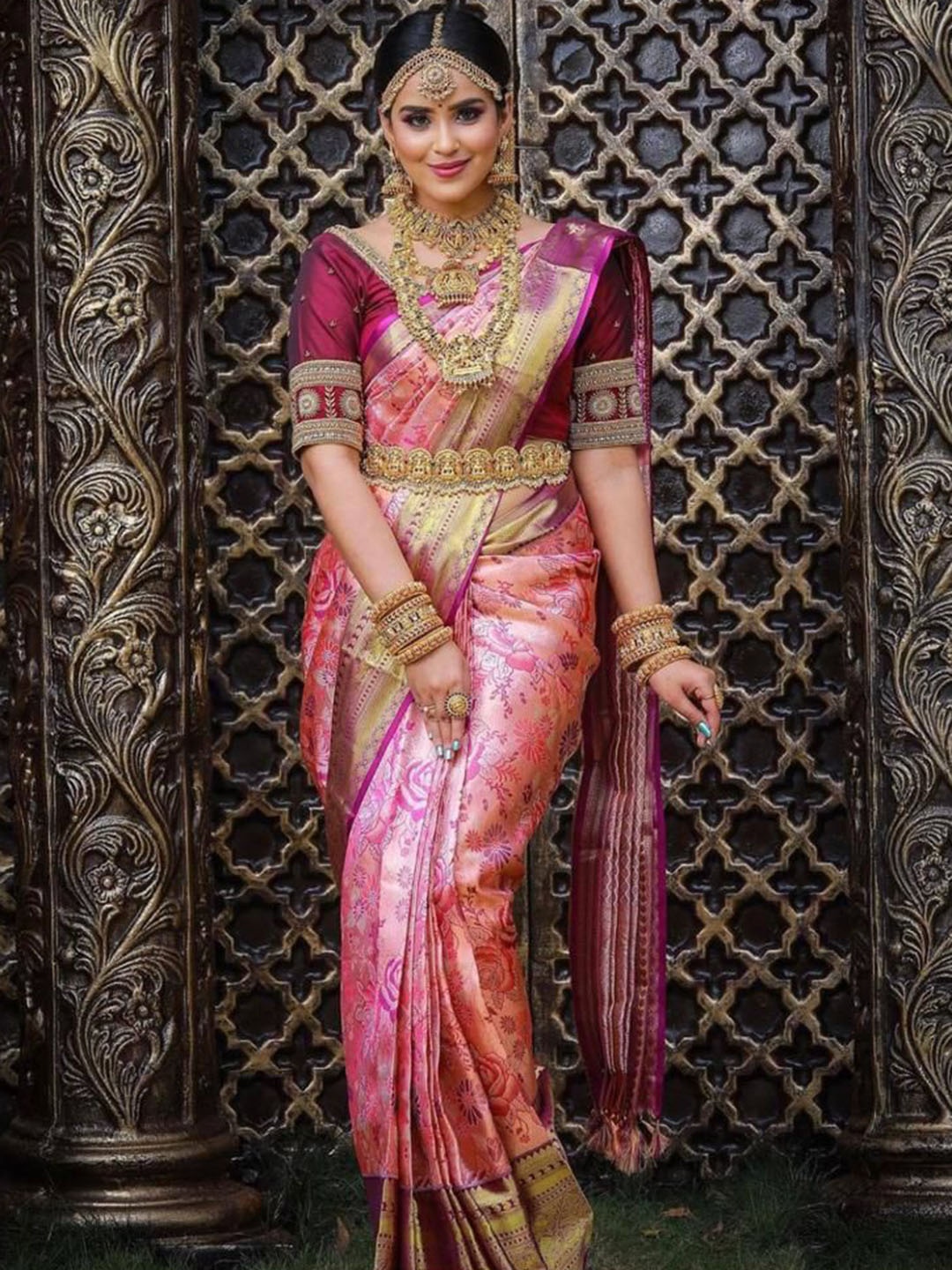 

BAESD Ethnic Motifs Woven Design Zari Pure Silk Banarasi Saree, Pink