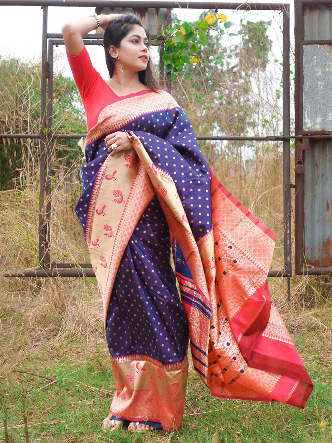 

BAESD Ethnic Motifs Woven Design Zari Pure Silk Saree, Navy blue