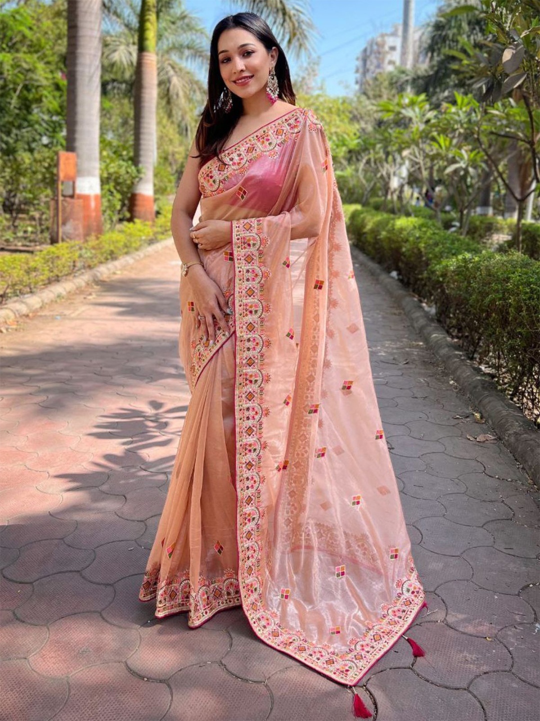 

ODETTE Embroidered Net Saree With Blouse Piece, Peach