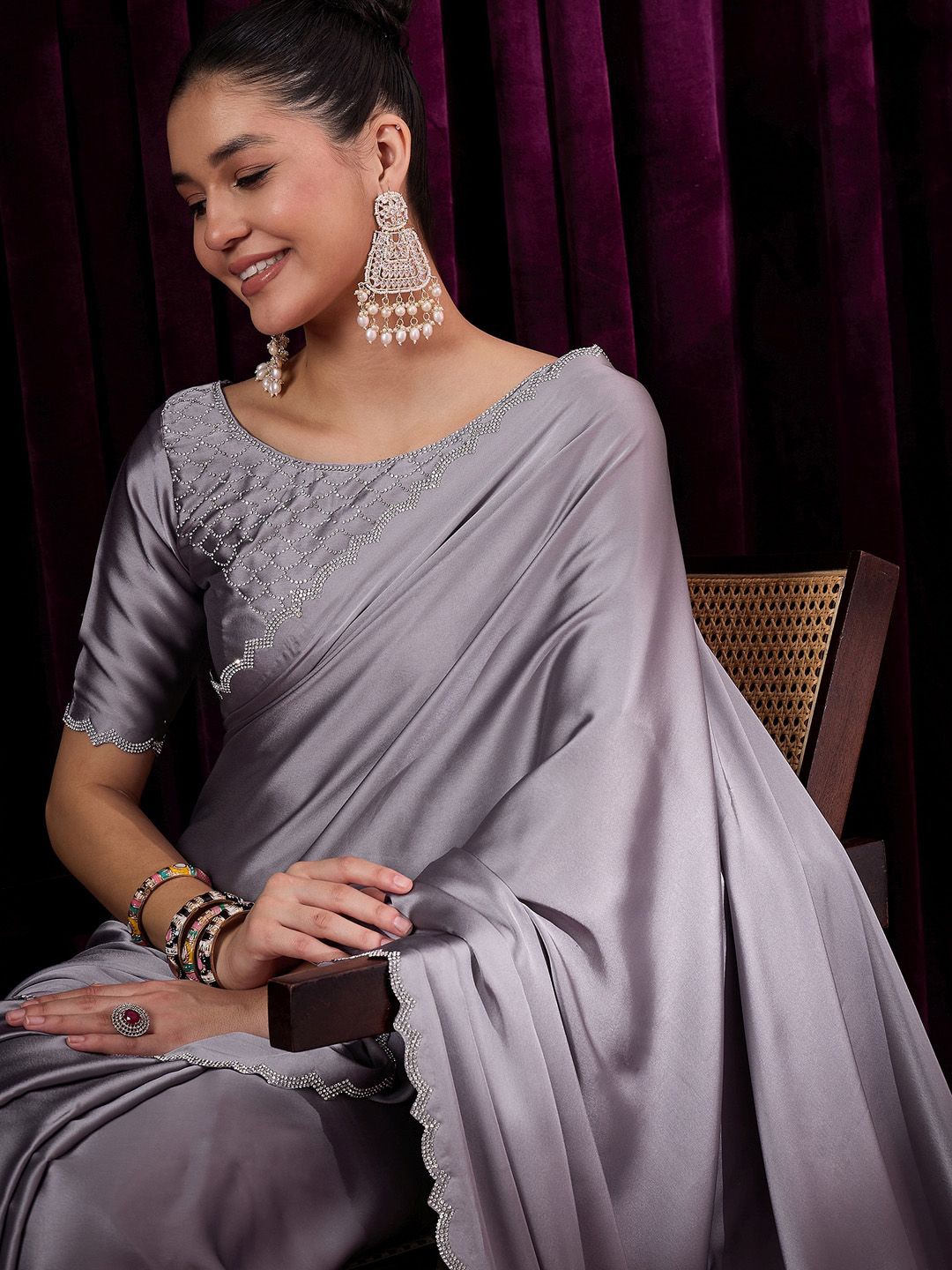 

Saree mall Embellished Beads and Stones Satin Saree, Grey