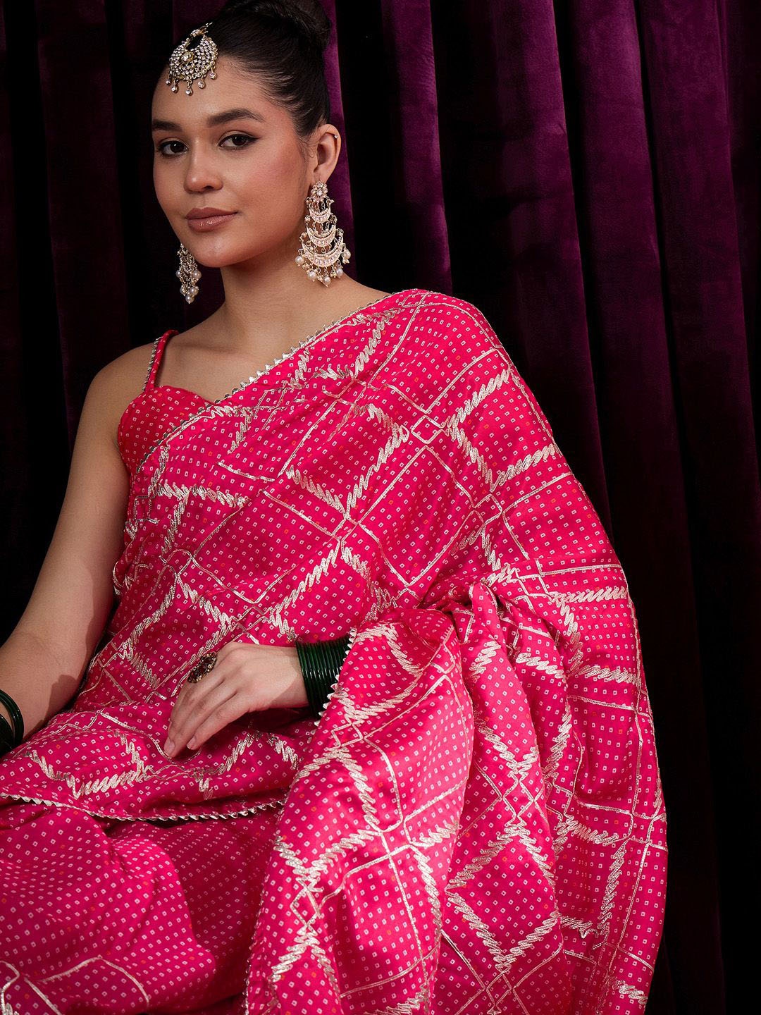 

Saree mall Bandhani Gotta Patti Satin Saree With Blouse Piece, Pink