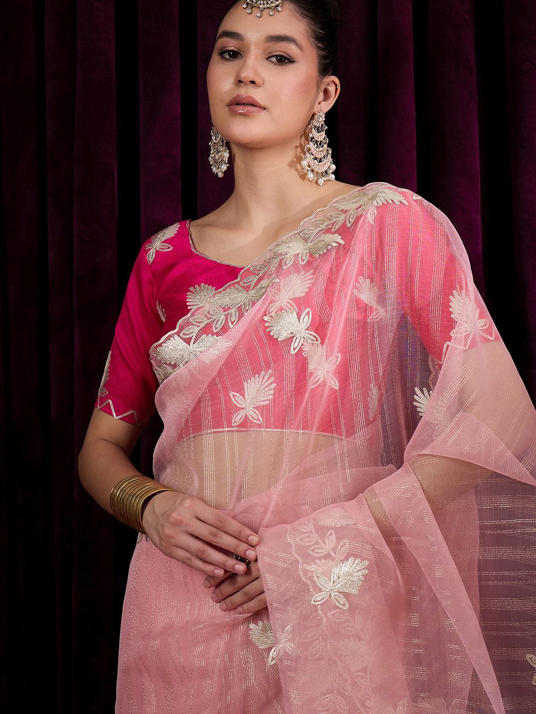 

Saree mall Embroidered Organza Saree With Blouse Piece, Pink