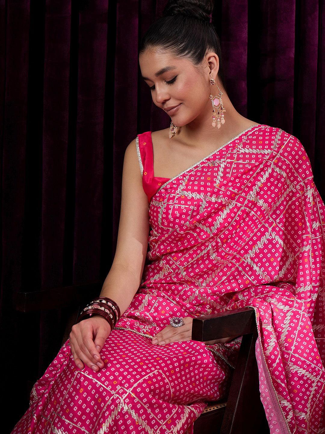 

Saree mall Bandhani Gotta Patti Satin Saree With Blouse Piece, Pink