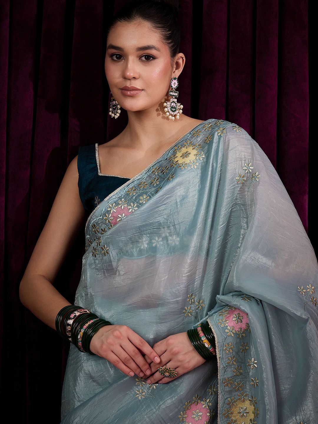 

Saree mall Embroidered Gotta Patti Tissue Sarees, Blue