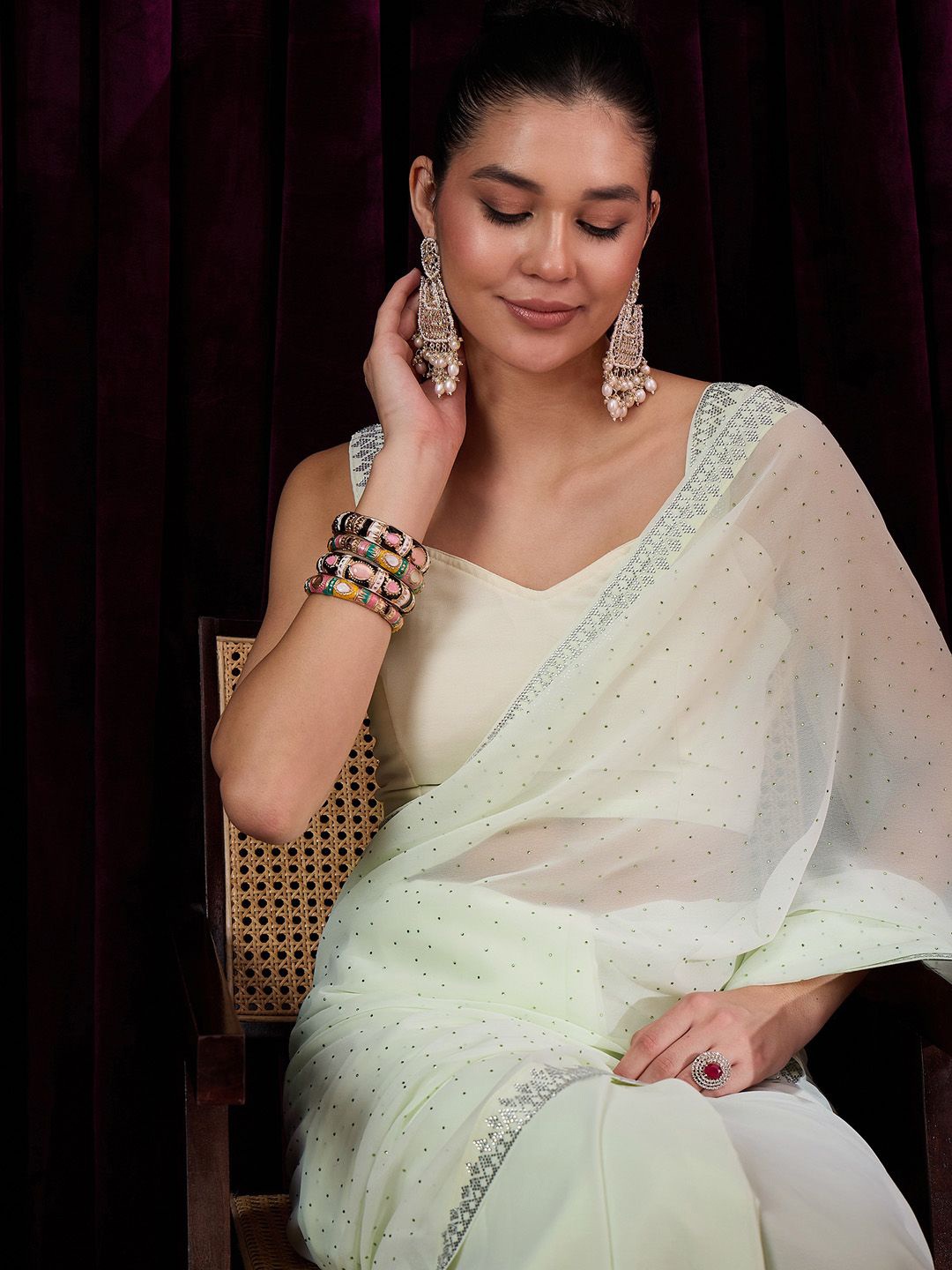 

Saree mall Embellished Beads and Stones Pure Georgette Saree, Green