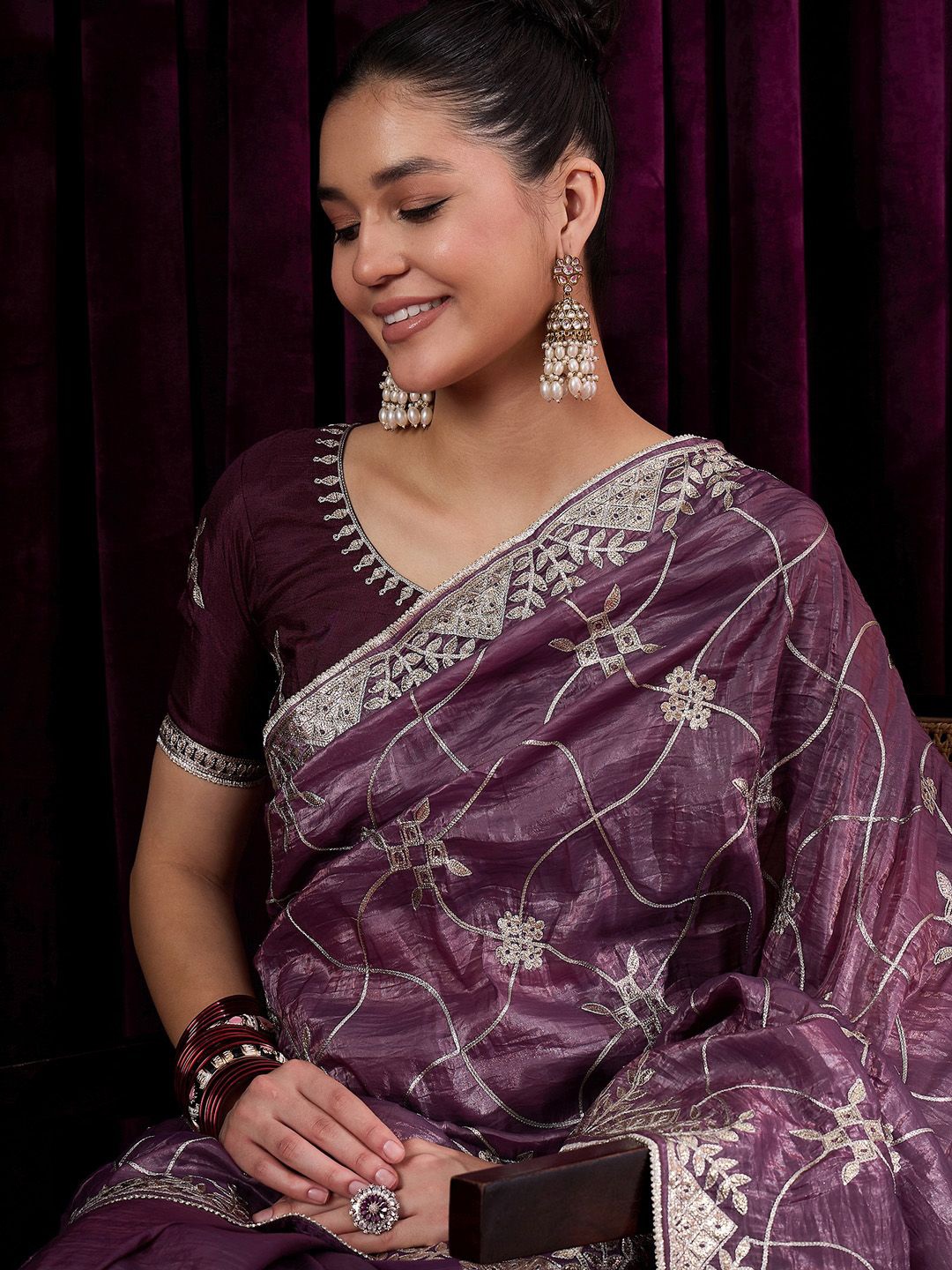 

Saree mall Ethnic Motifs Gotta Patti Tissue Sarees, Violet