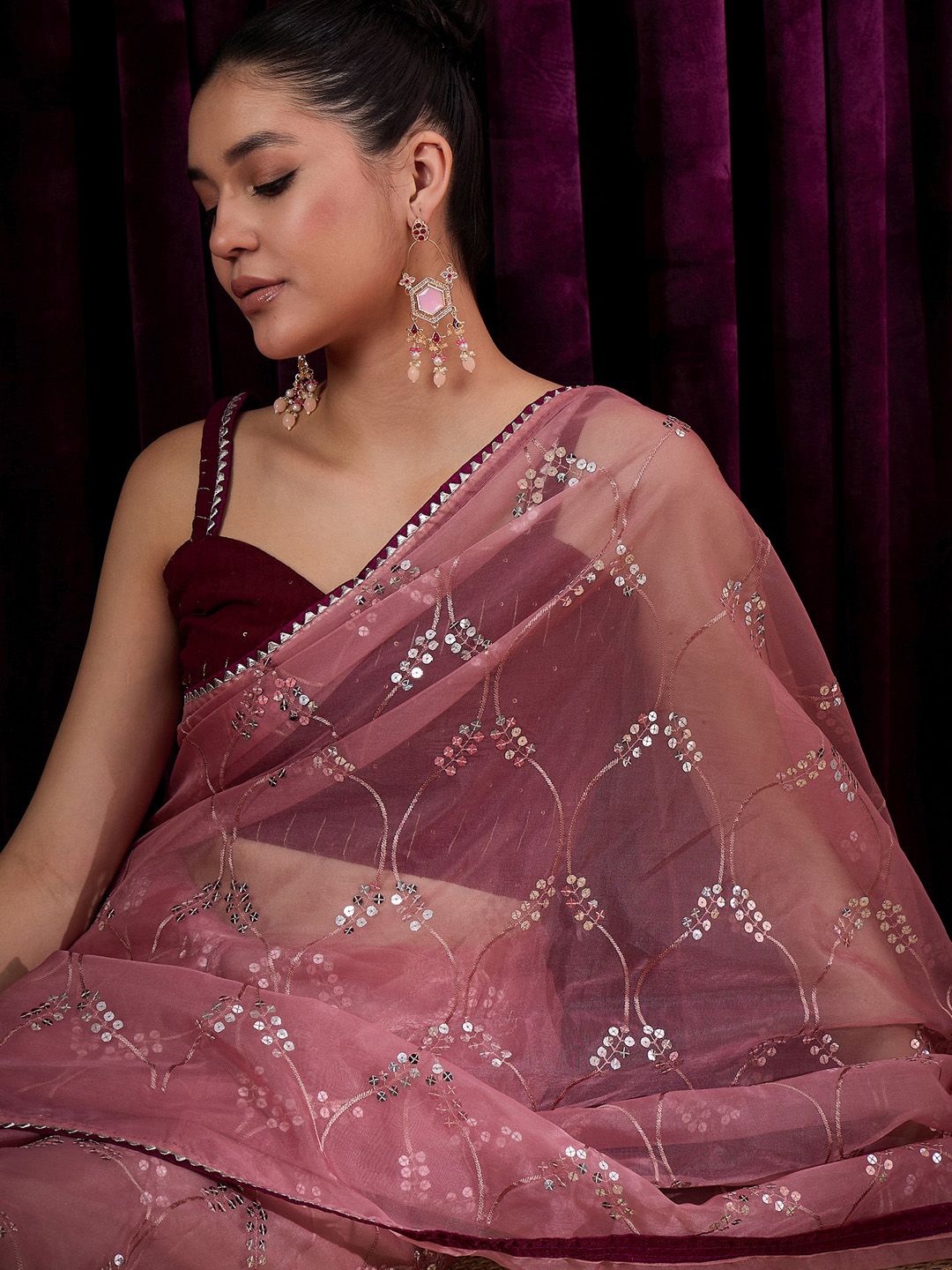 

Saree mall Embellished Sequinned Organza Sarees, Mauve