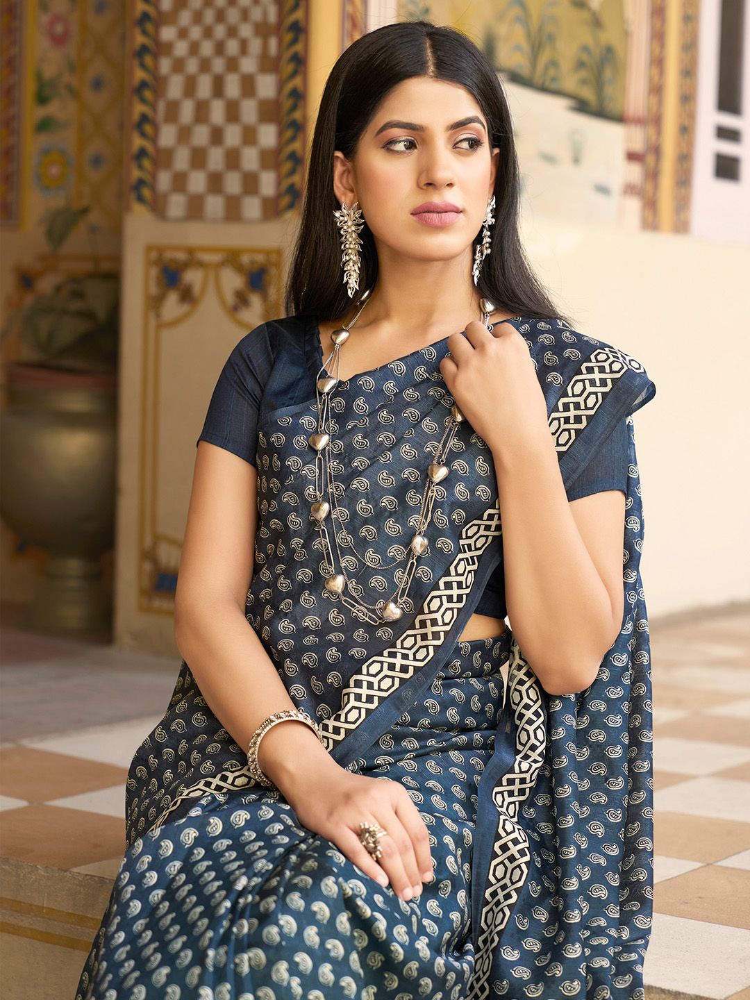 

Saree mall Paisley Bagru Sarees, Grey