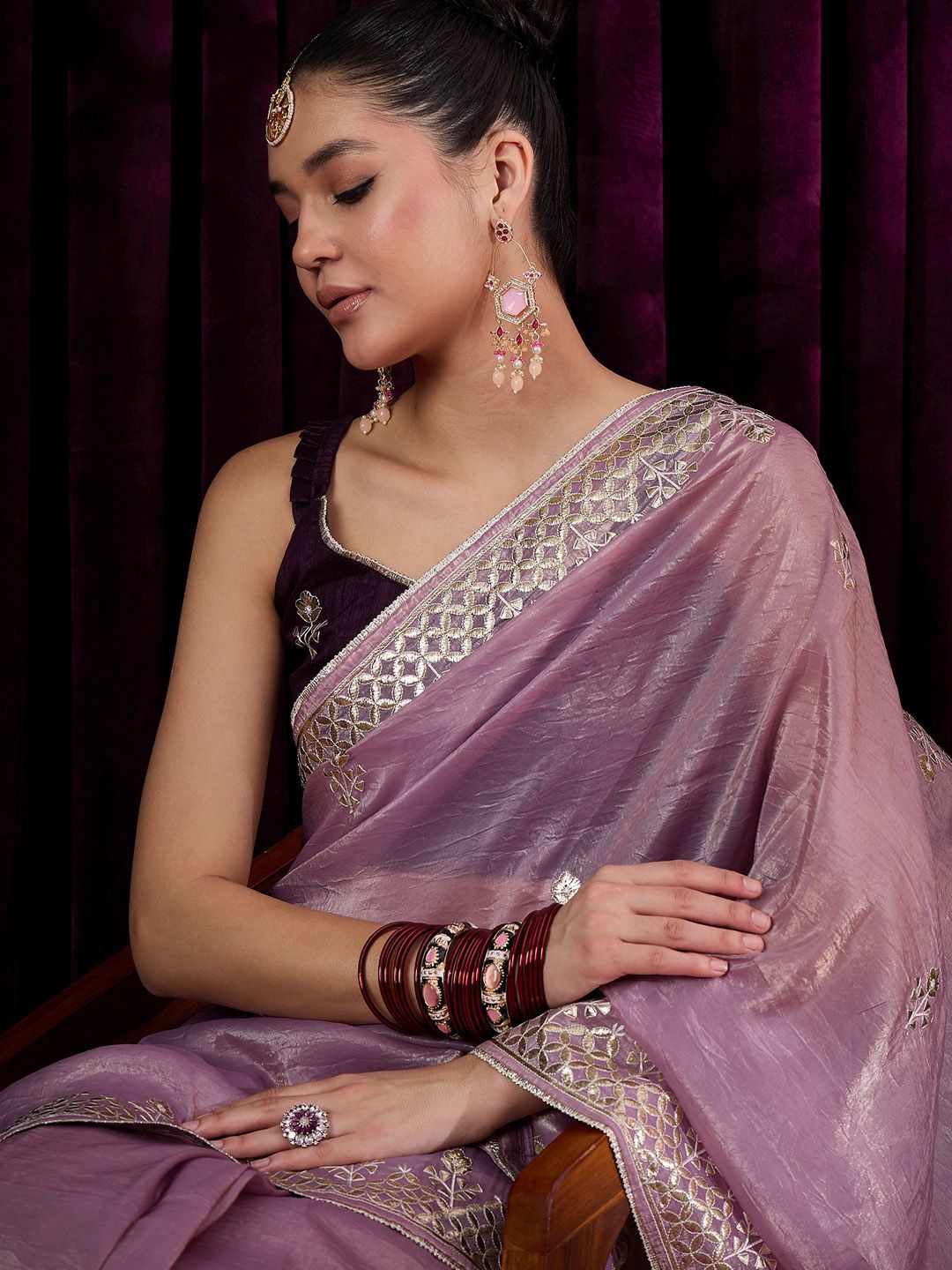 

Saree mall Embroidered Gotta Patti Tissue Sarees, Mauve