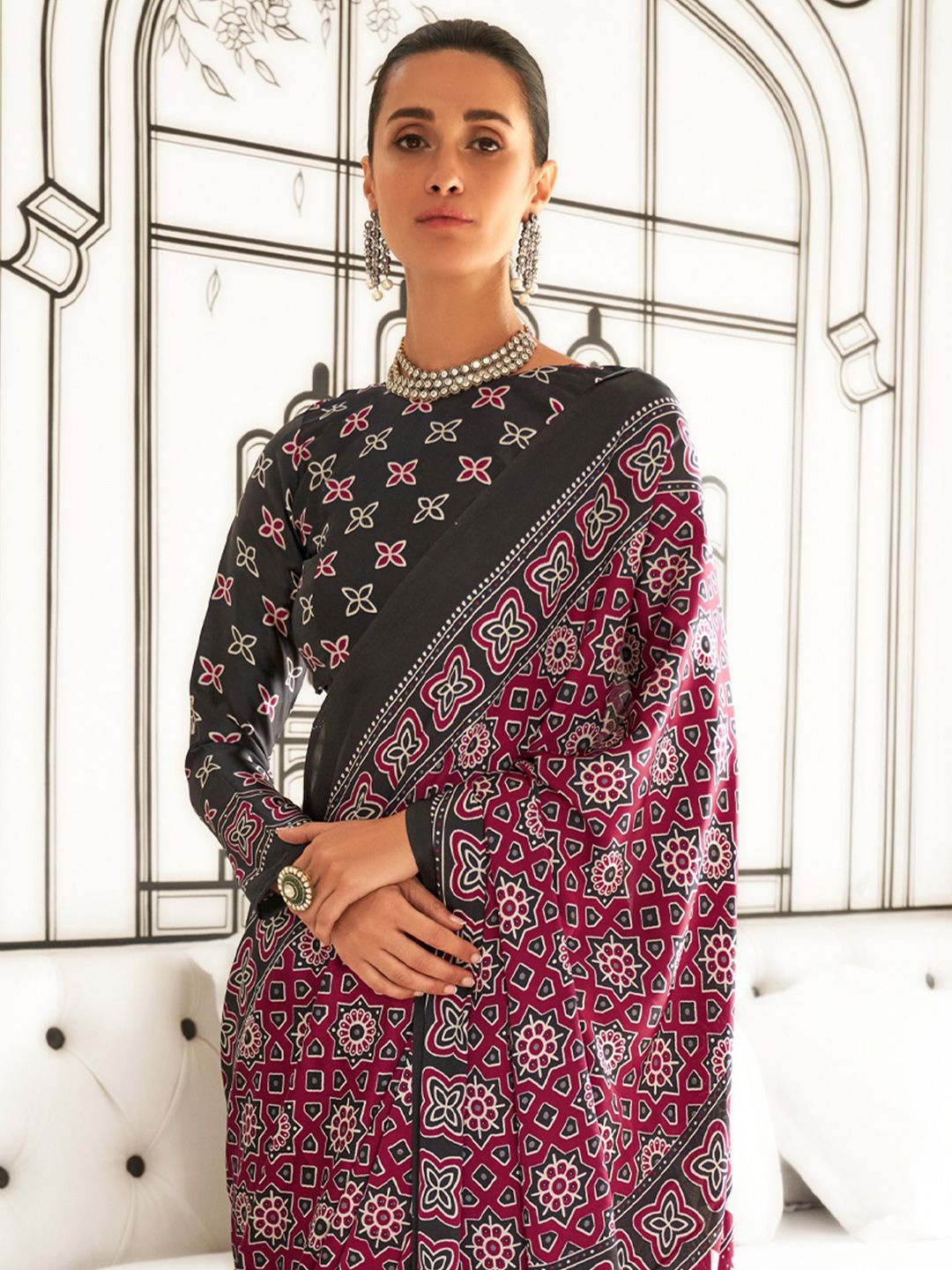 

Anouk Rustic Ajrak Block Pure Crepe Block Print Saree, Pink