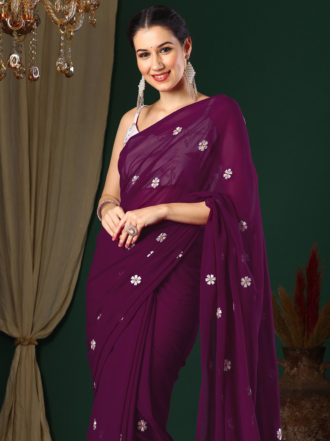 

Anouk Rustic Floral Embroidered Pure Georgette Saree, Purple