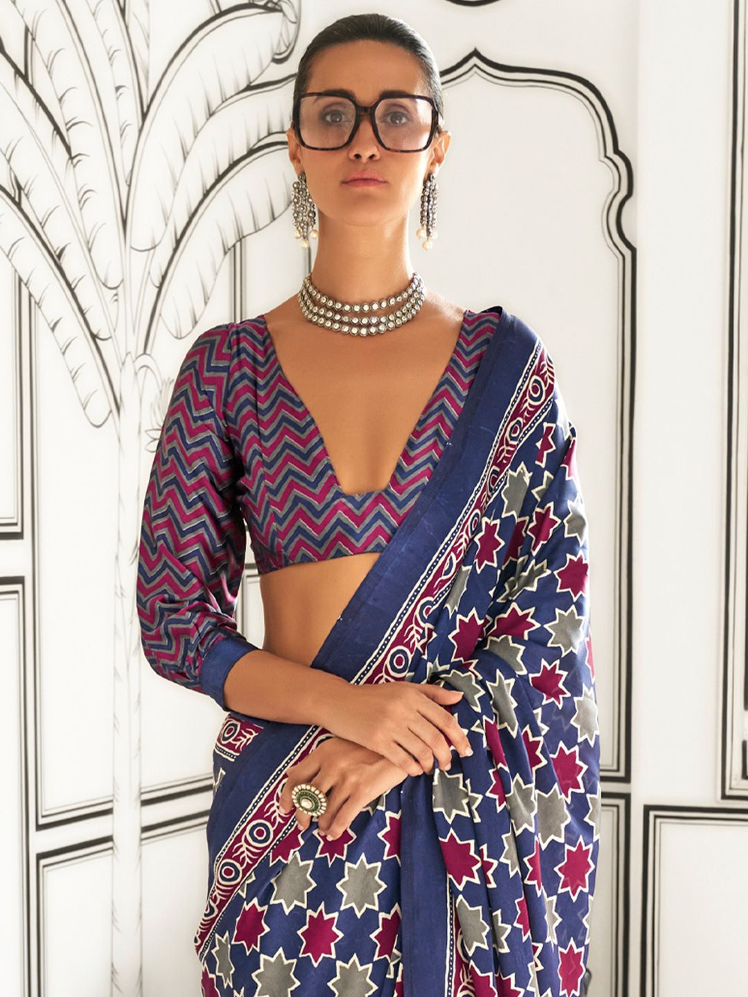 

Anouk Rustic Pure Crepe Block Print Saree, Navy blue