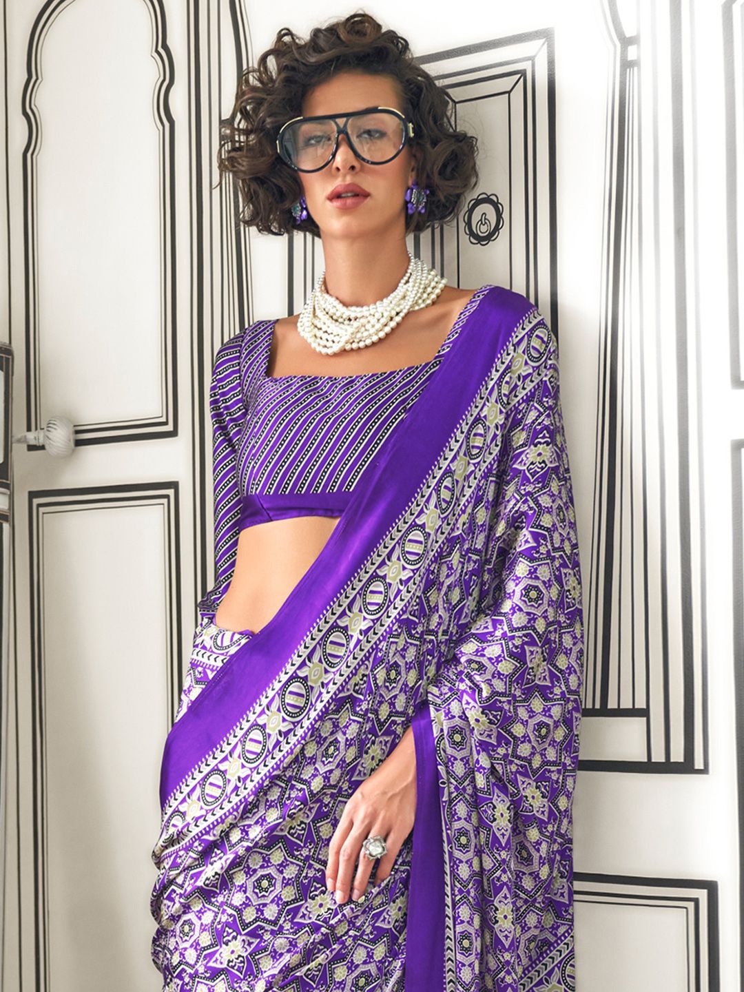 

Anouk Rustic Ajrak Block Pure Crepe Block Print Saree, Purple