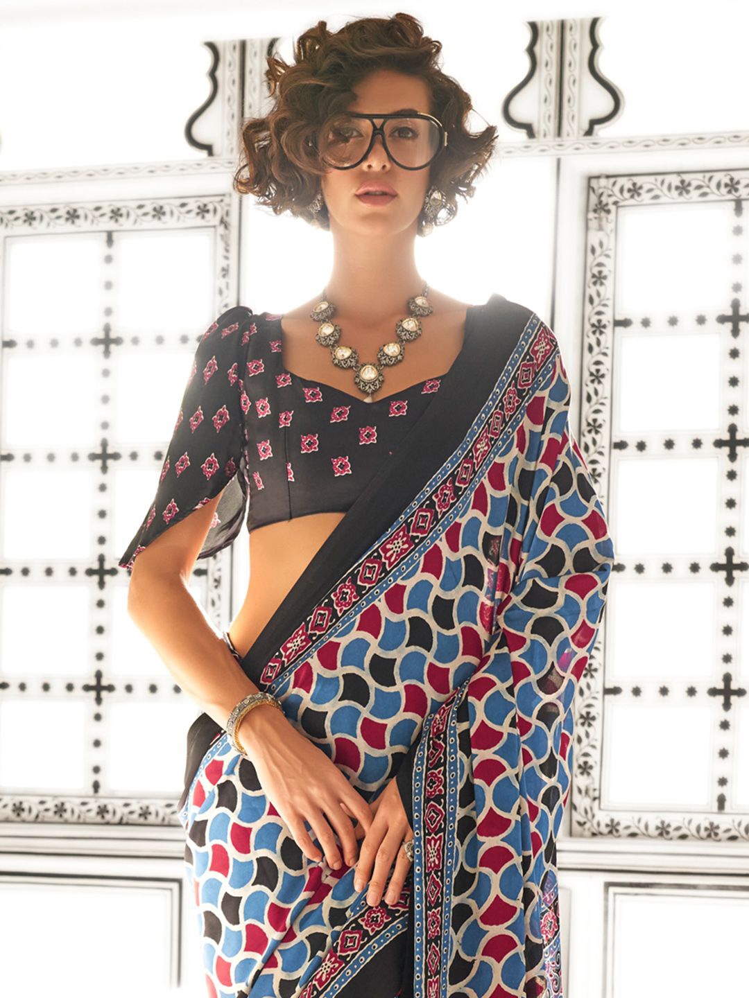 

Anouk Rustic Ajrak Block Pure Crepe Block Print Saree, Blue