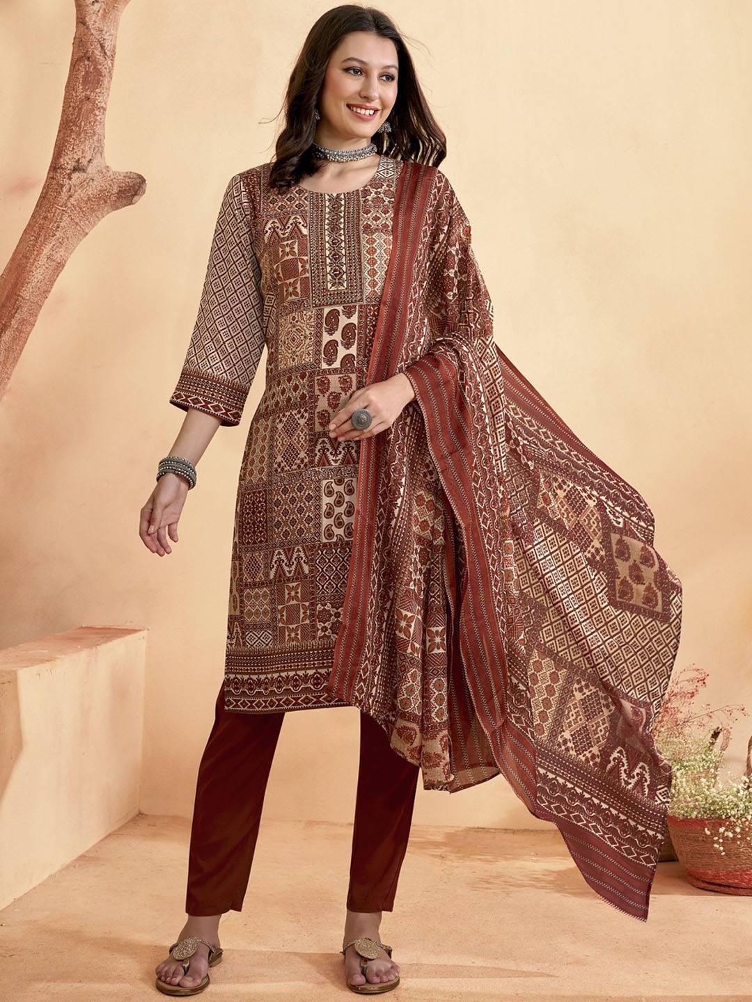 

Anouk Maroon Ethnic Motifs Printed Mirror Work Straight Kurta with Trousers & Dupatta