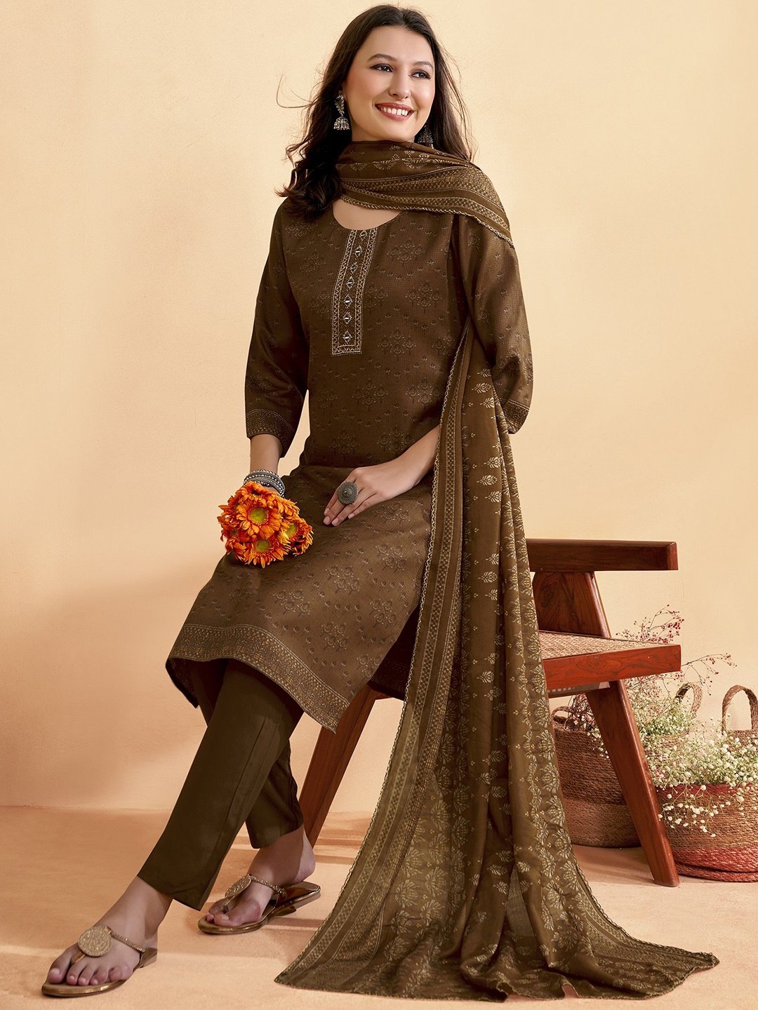 Anouk Brown Ethnic Motifs Printed Mirror Work Straight Kurta with Trousers & Dupatta