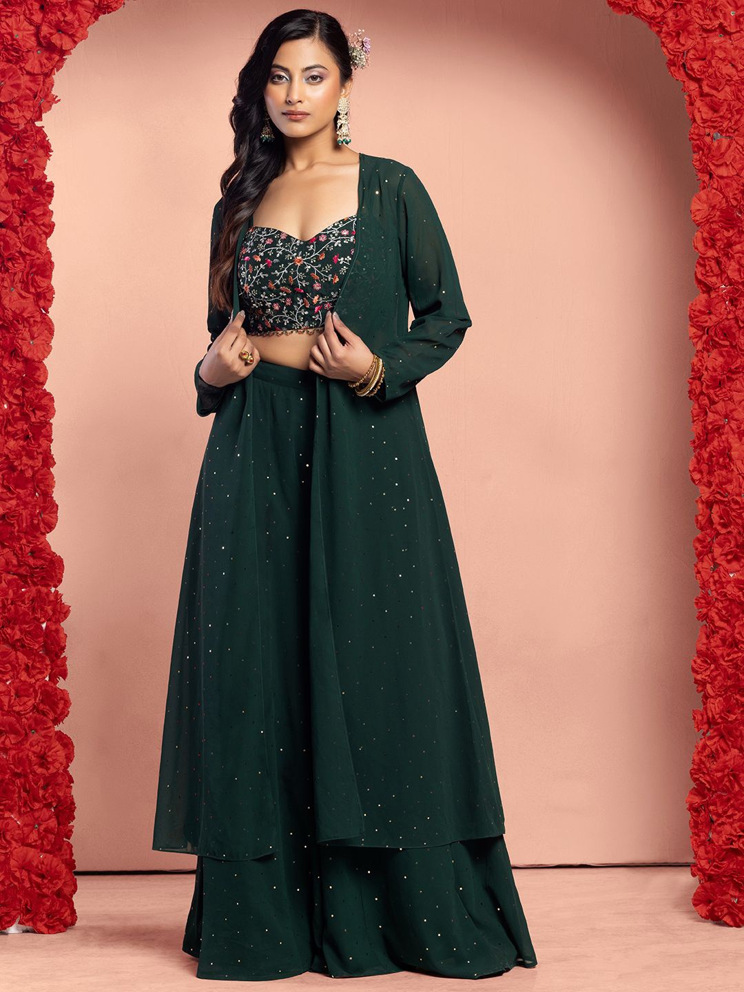 

Indya Luxe Embroidered Crop Top With Shrug & Palazzo, Green