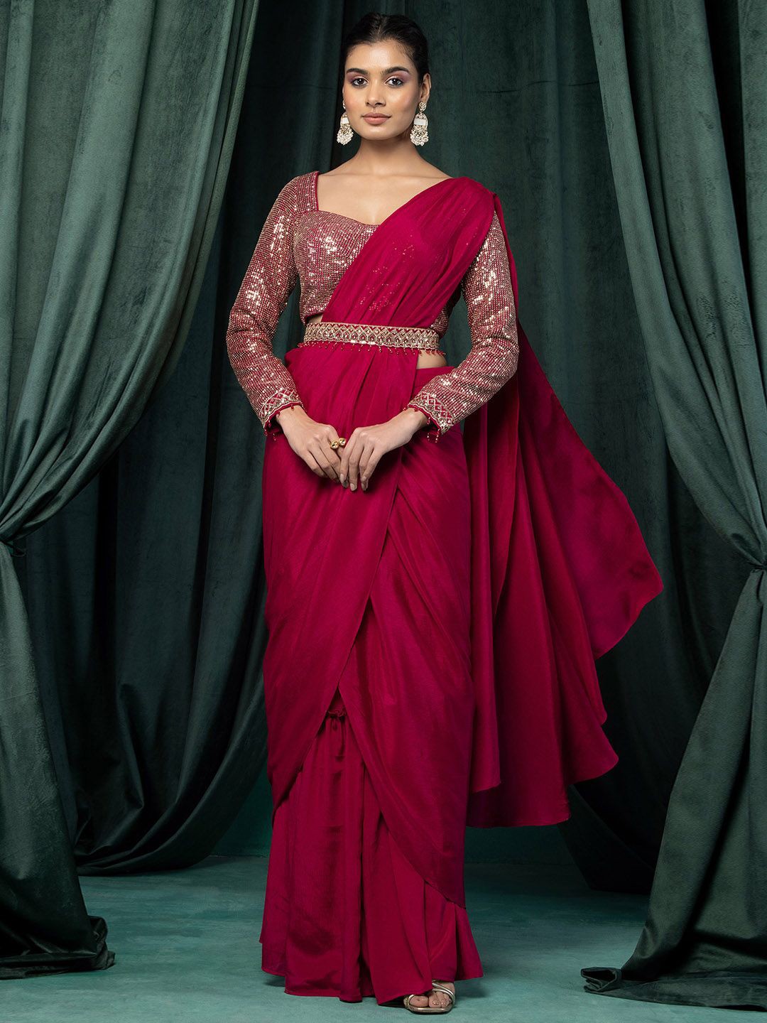 

Indya Luxe Ready to Wear Saree With Sequin Zari Embroidered, Burgundy