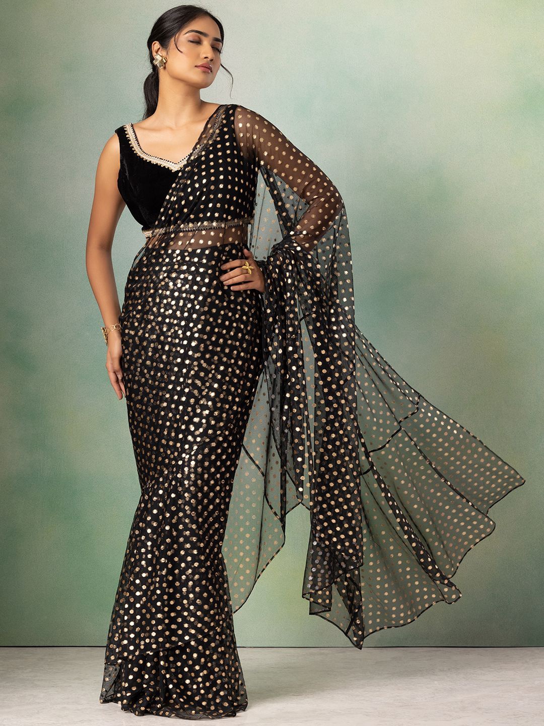

Indya Luxe Embellished Net Ready to Wear Saree, Black