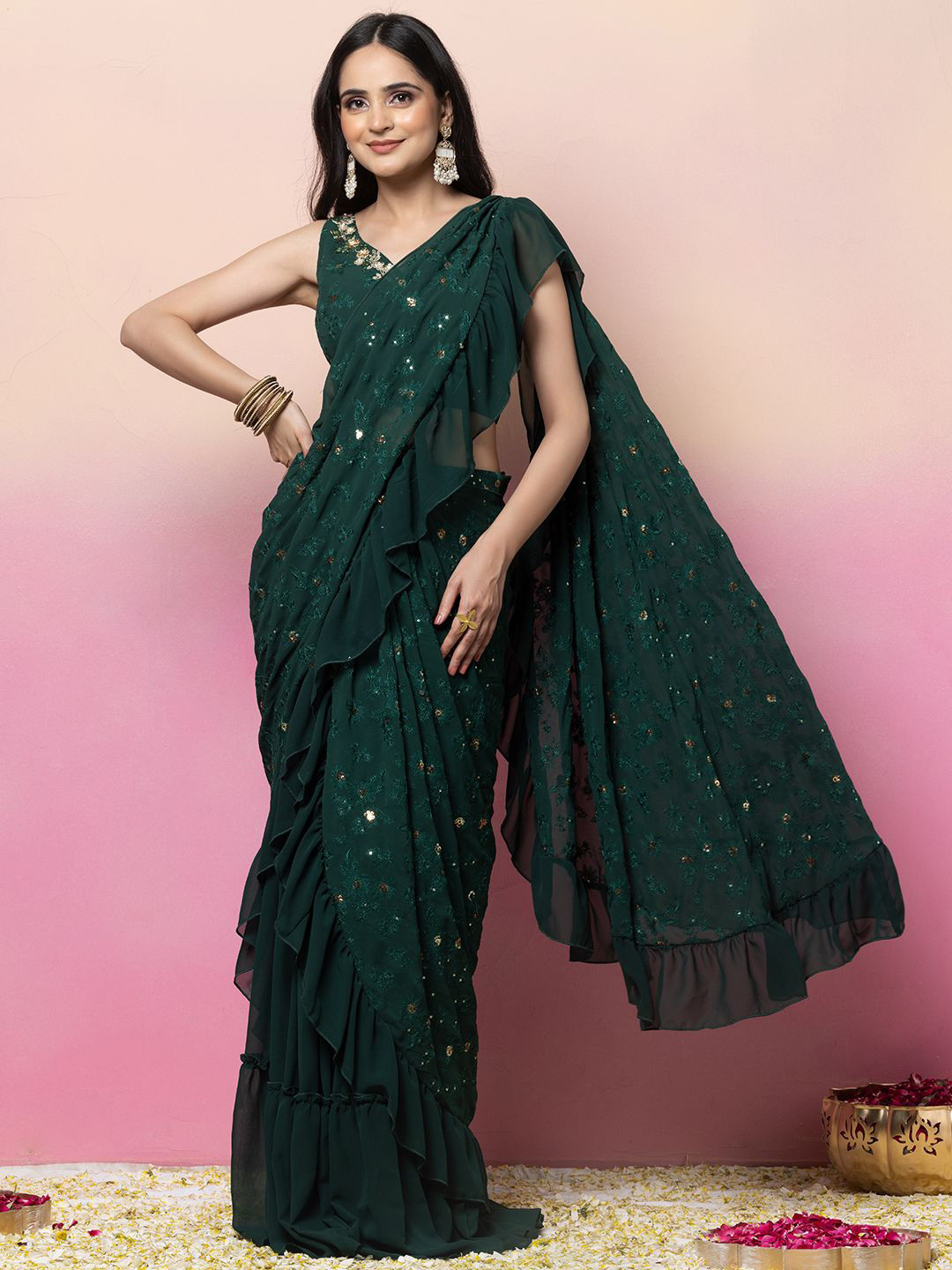 

Indya Luxe Embroidered Mirror Work Saree, Green