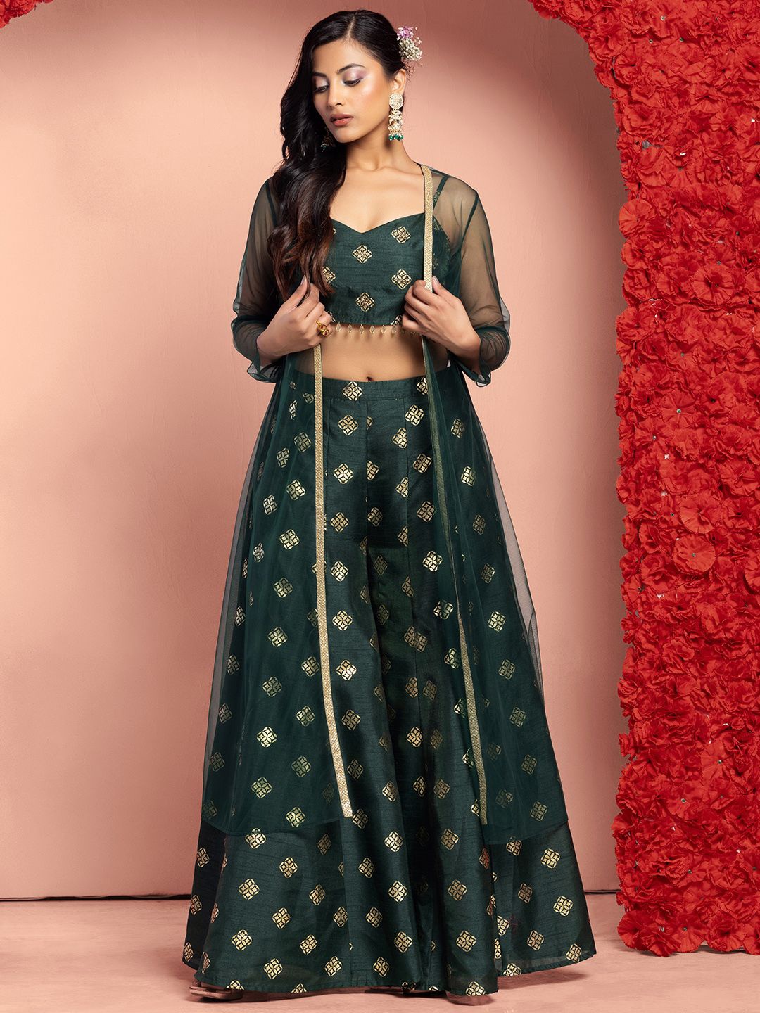 

Indya Luxe Embroidered Crop Top With Shrug & Palazzo, Green