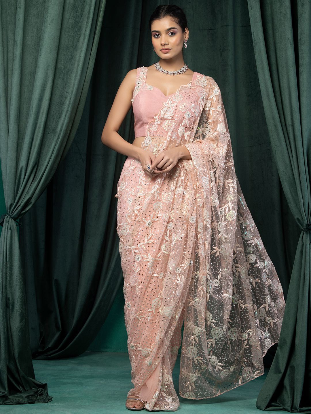 

Indya Luxe Embroidered Sequinned Saree, Pink