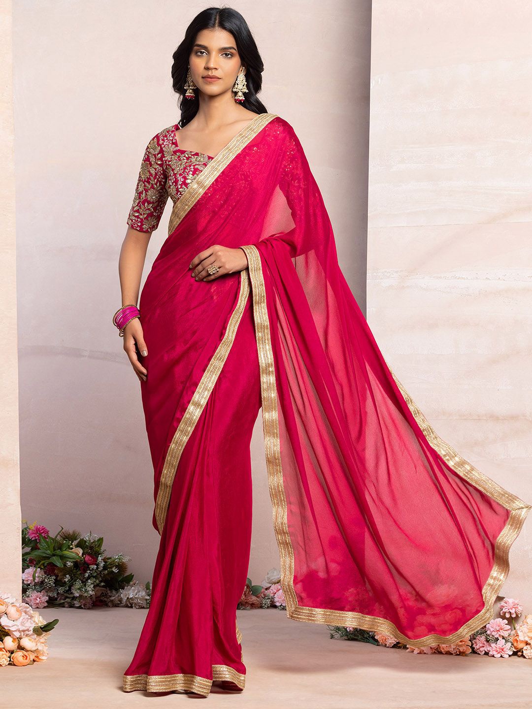 

Indya Luxe Embroidered Ready To Wear Saree, Red