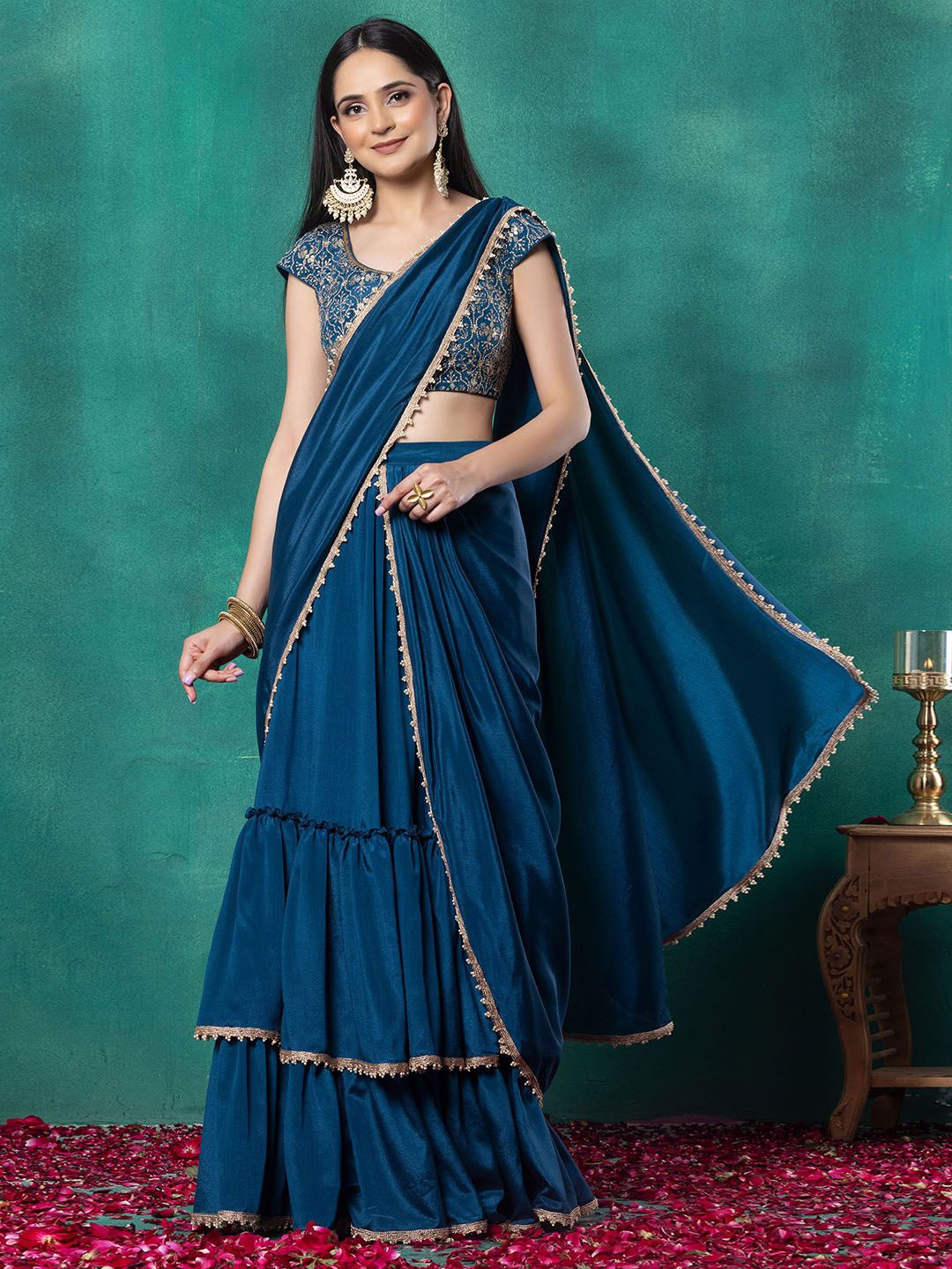 

Indya Luxe Beads and Stones Ready to Wear Saree, Blue