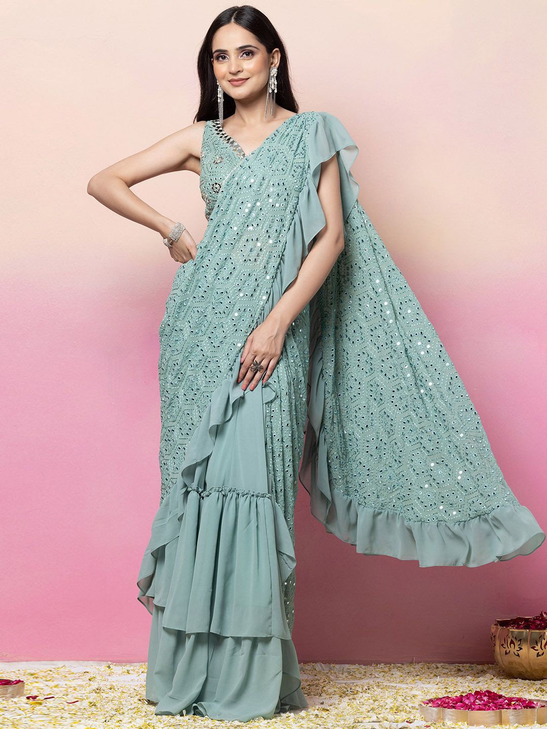 

Indya Luxe Embellised Sequinned Ready to Wear Saree, Green