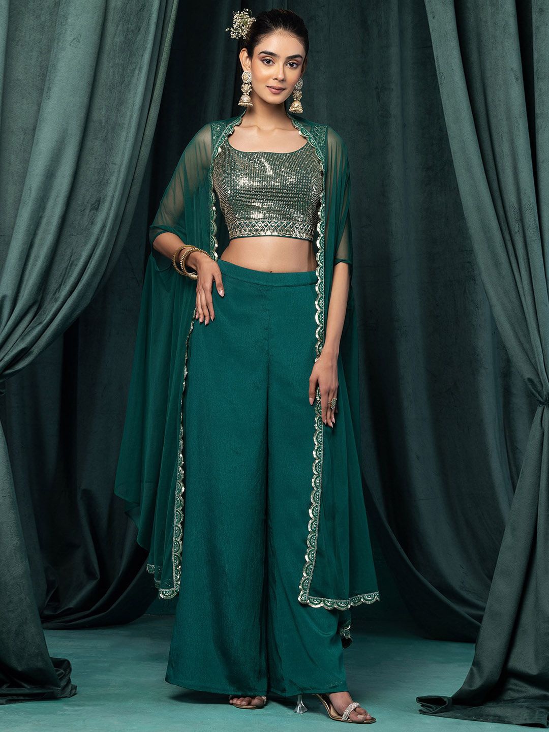 

Indya Luxe Embroidered Top Shrug & Palazzo, Green