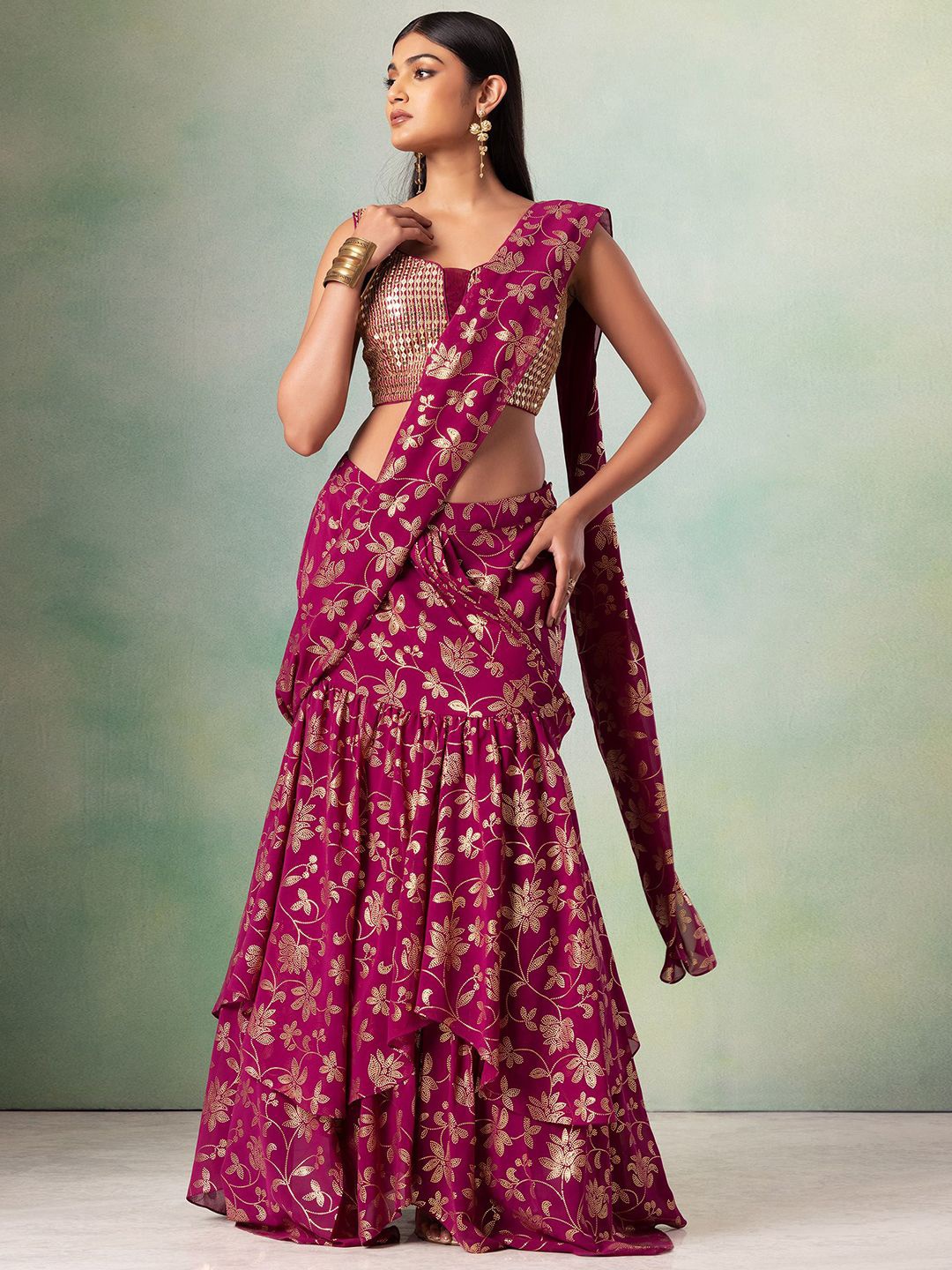 

Indya Luxe Ethnic Motifs Sequinned Lehenga Saree, Purple