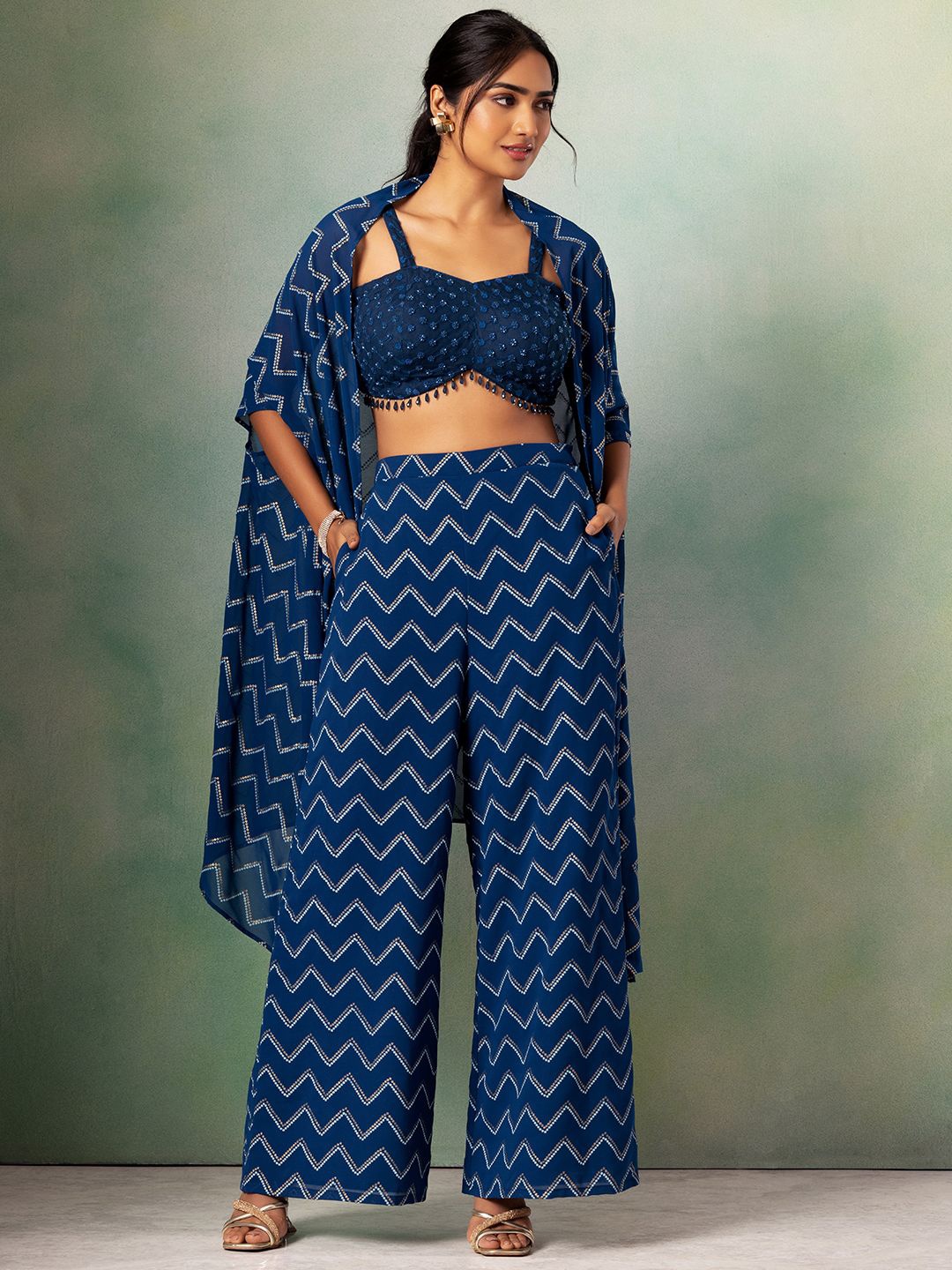 

Indya Luxe Embroidered Top Shrug & Trousers, Blue