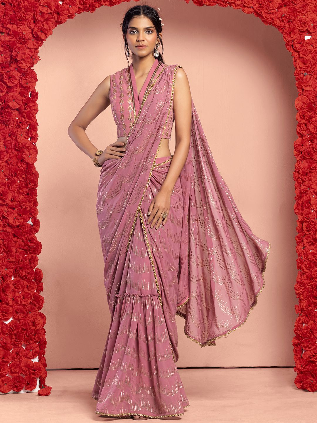 

Indya Luxe Embellished Mukaish Ready to Wear Saree, Pink