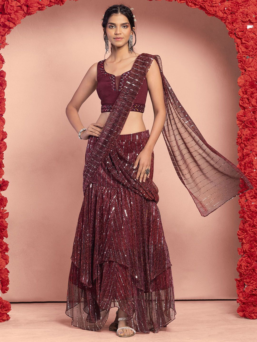 

Indya Luxe Embellished Beads and Stones Ready to Wear Saree, Maroon