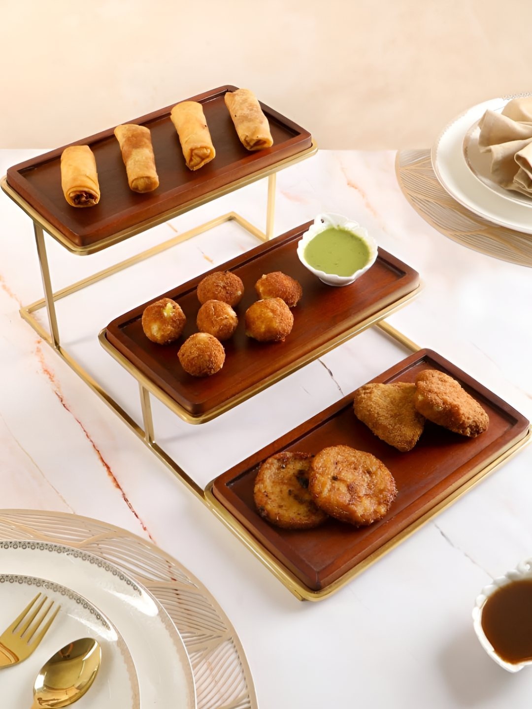 

THE HOME CO. Brown & Gold Toned 3 Tier Wooden Food Platter