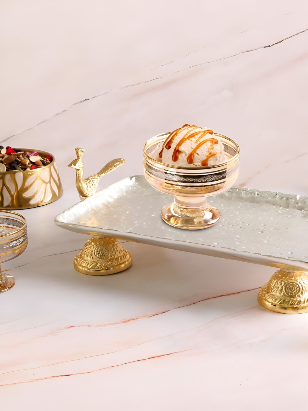 

THE HOME CO. Silver Toned & Gold Toned Peacock Design Aluminium Serving Platter Tray