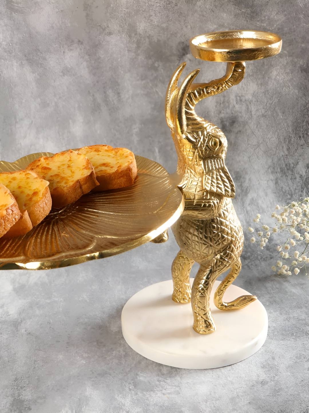 

THE HOME CO. Gold Toned Elephant Designed Textured Aluminium Platter With Bowl