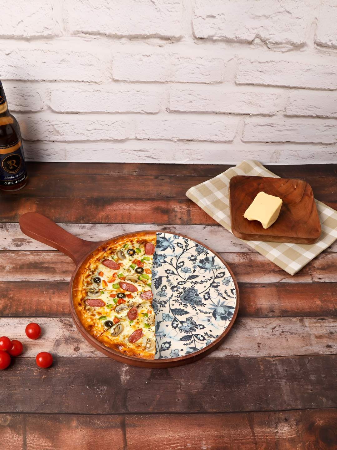 

THE HOME CO. Brown & Blue Floral Printed Mango Wooden Food Platter