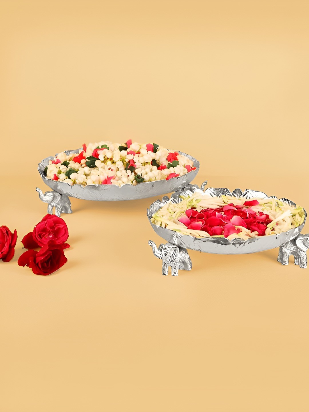 

THE HOME CO. Silver Tobned 2 Pieces Elephant Designed Textured Aluminium Food Platters