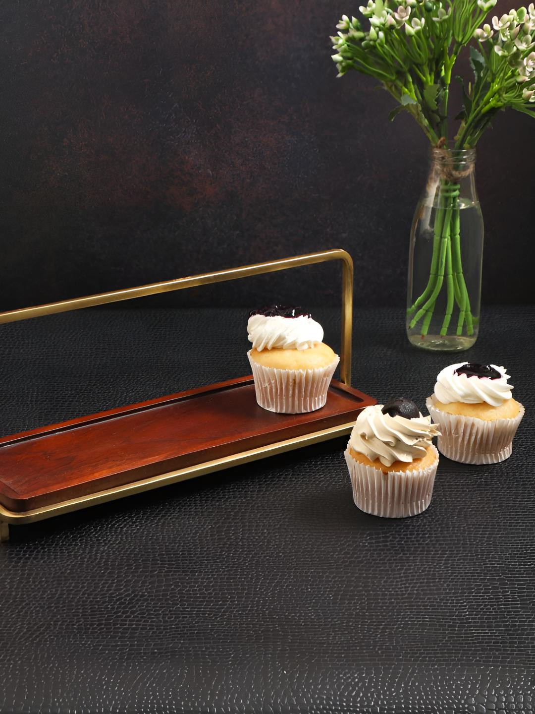 

THE HOME CO. Brown &Gold Toned Wooden Platter With Handle
