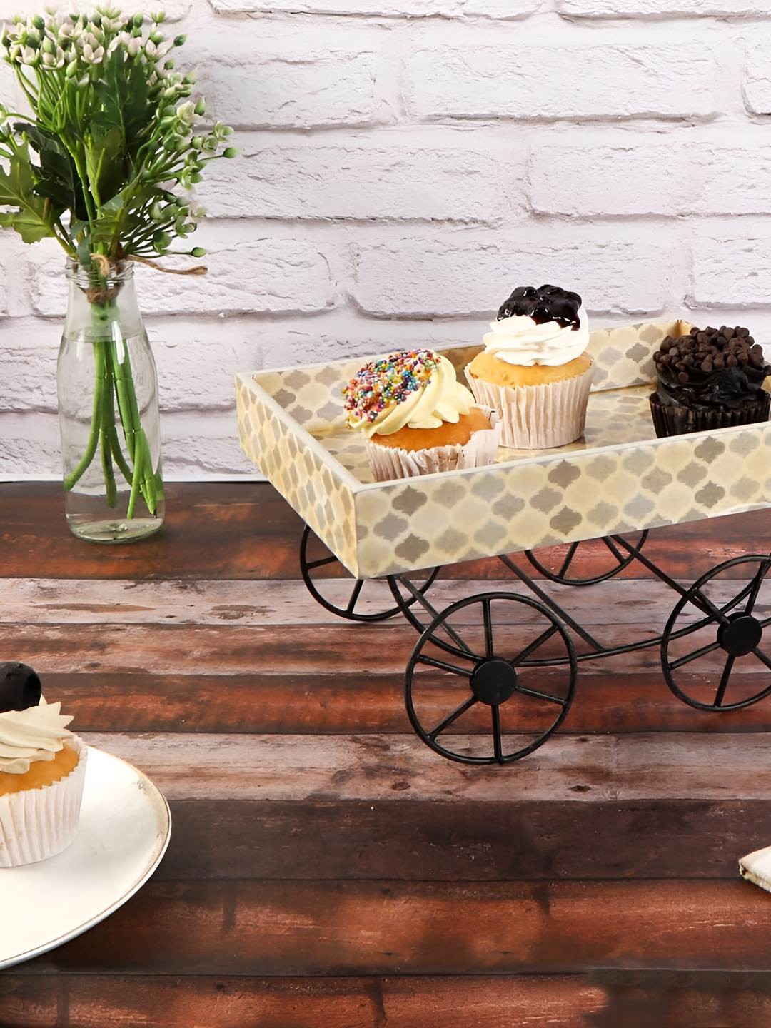 

THE HOME CO. Cream & Black Wooden Decorative Serving Cart Platter Tray