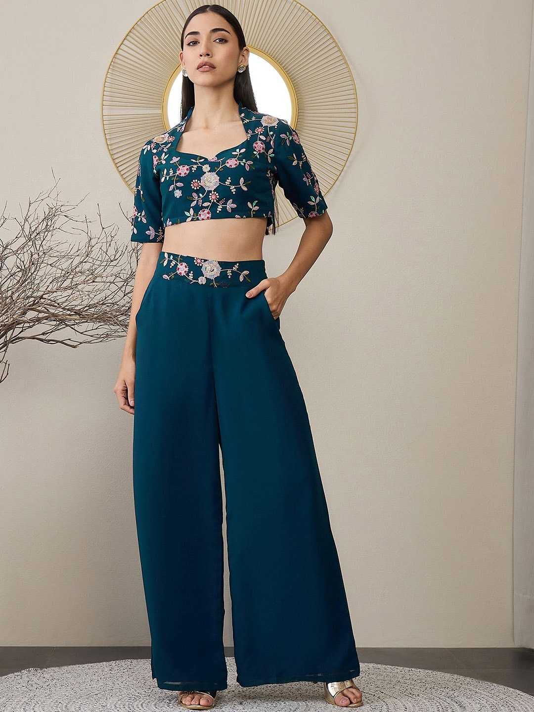 

ADORNIA Floral Embroidered Crop Top & Palazzos, Teal