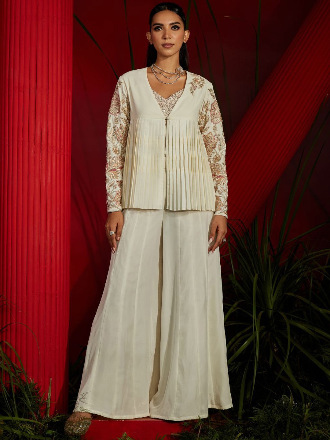 

Shreeka Embroidered Pure Silk V-Neck Top With Jacket & Palazzos, White