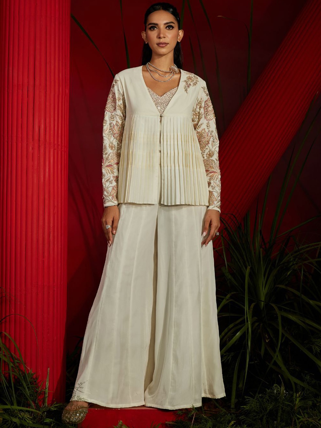 

Shreeka Georgette Embroidered Pleated Top With Trousers, White