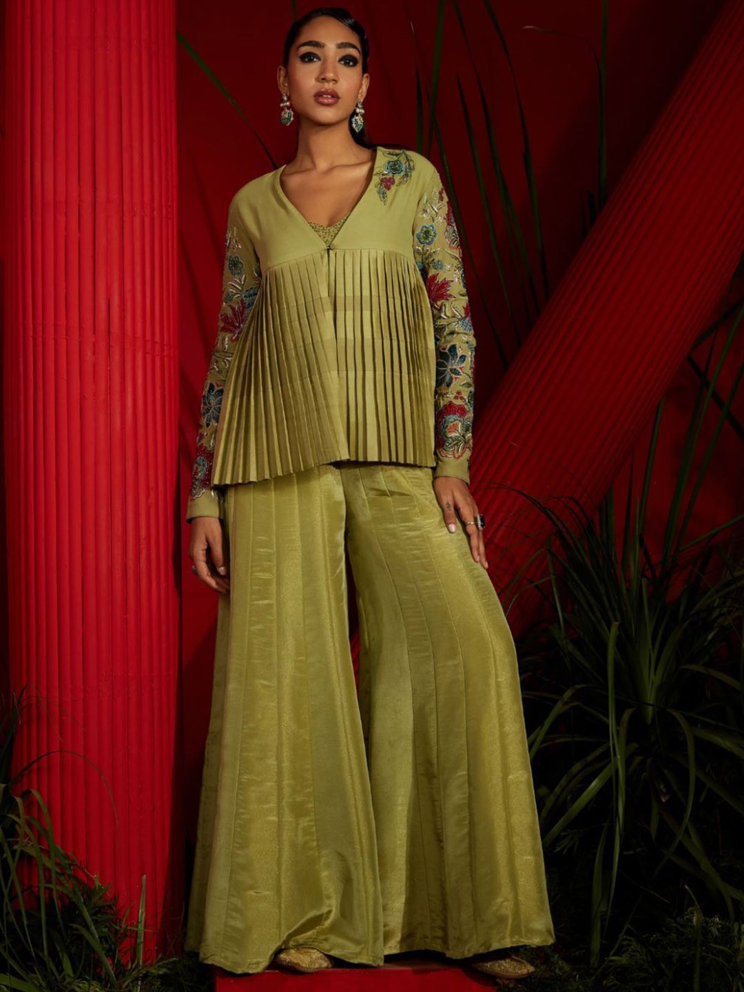 

Shreeka Embroidered Top With Palazzo, Green