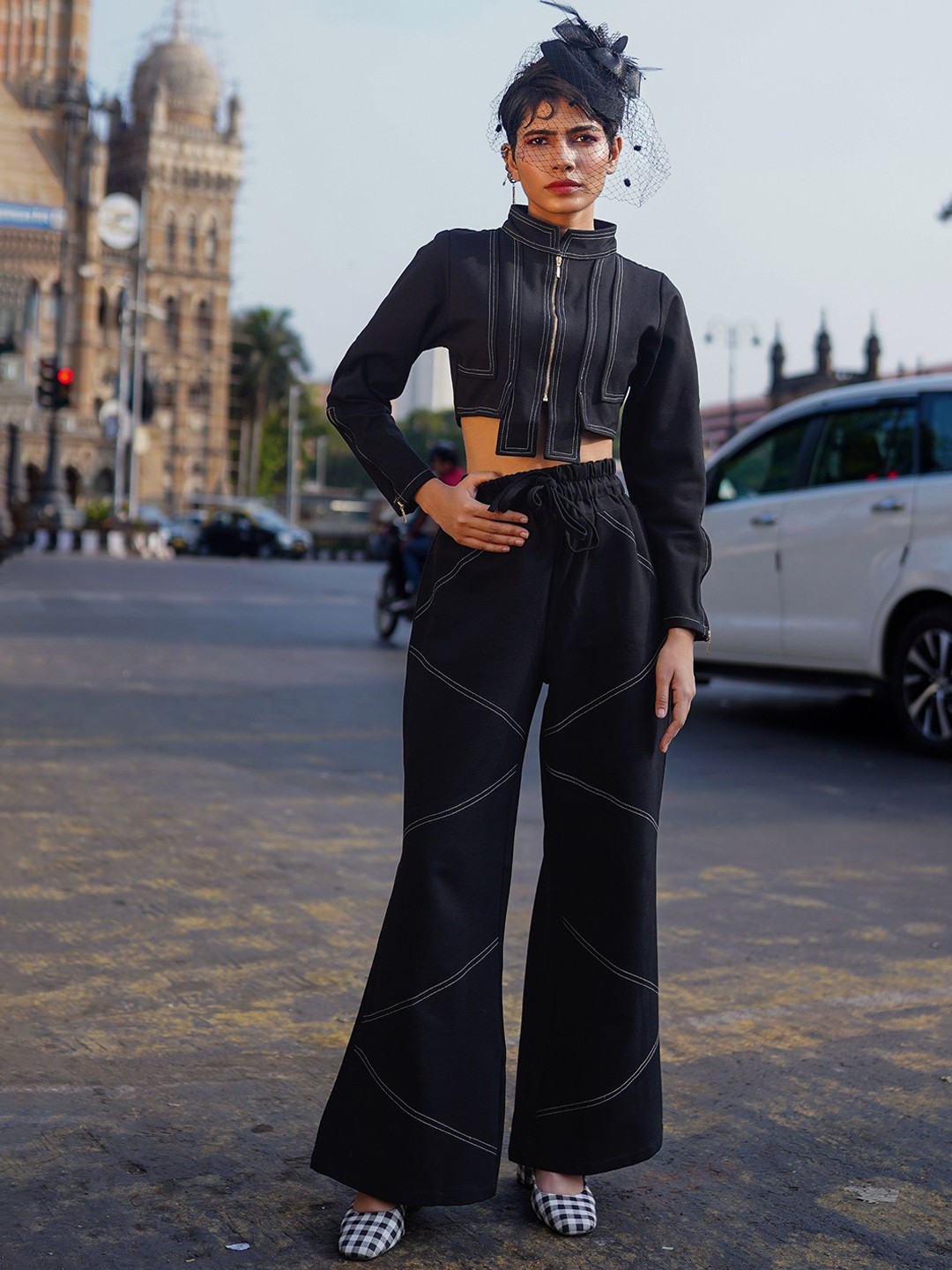 

brown sugar The Black Bronzer Mandarin Collar Long Sleeves Crop Top With Trosuers