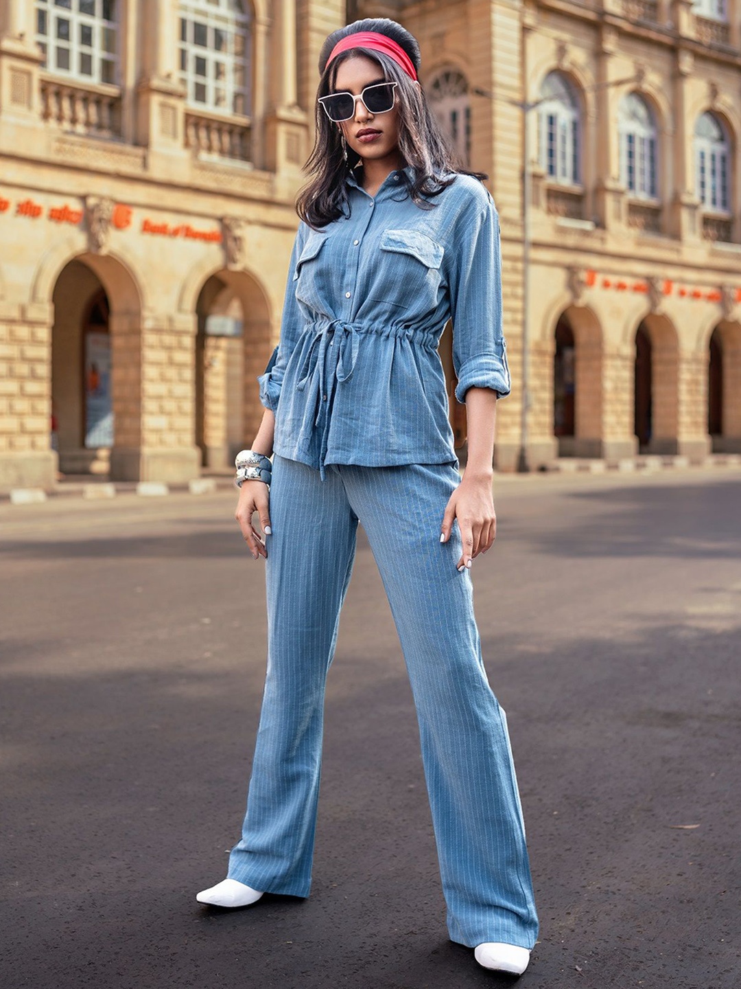 

brown sugar Striped Roll-Up Sleeves Linen Cotton Shirt & Trousers, Blue