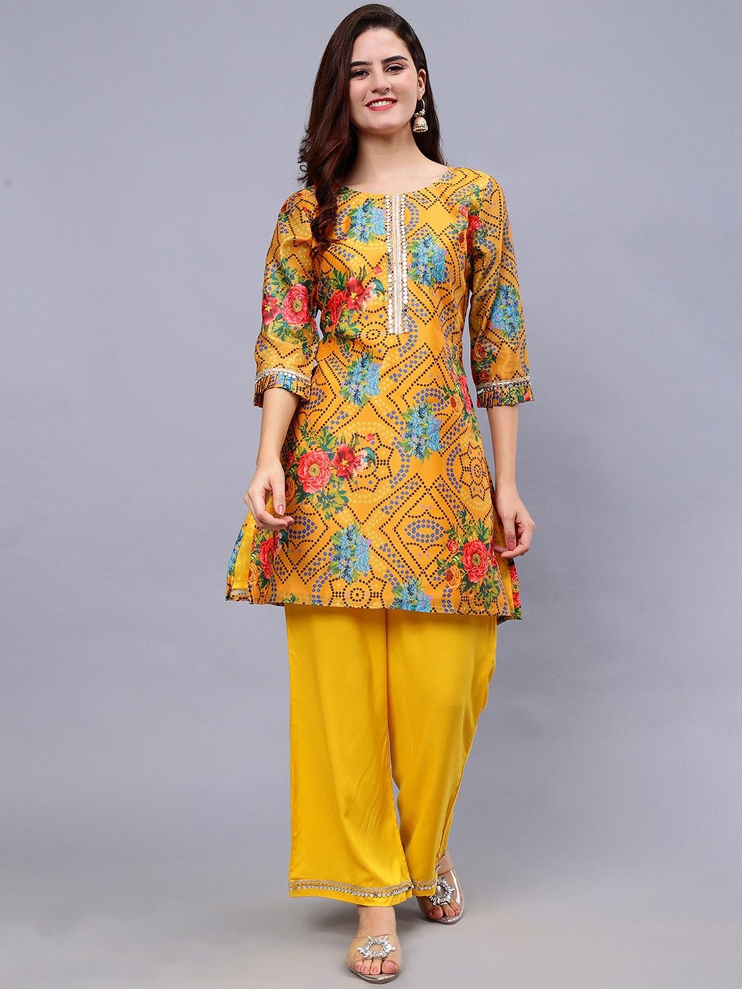 

Frolic Rolic Mustard Silk Blend Floral Print Tunic & Rayon Solid Trouser Set